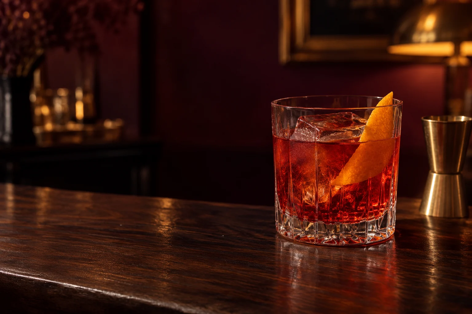 Negroni ambré et jigger sur le comptoir